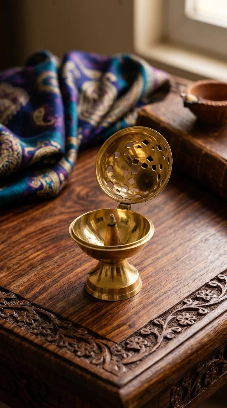 MH Decors Decorative Brass Incense Holder Dhoop Dani with Handle for Home Altar