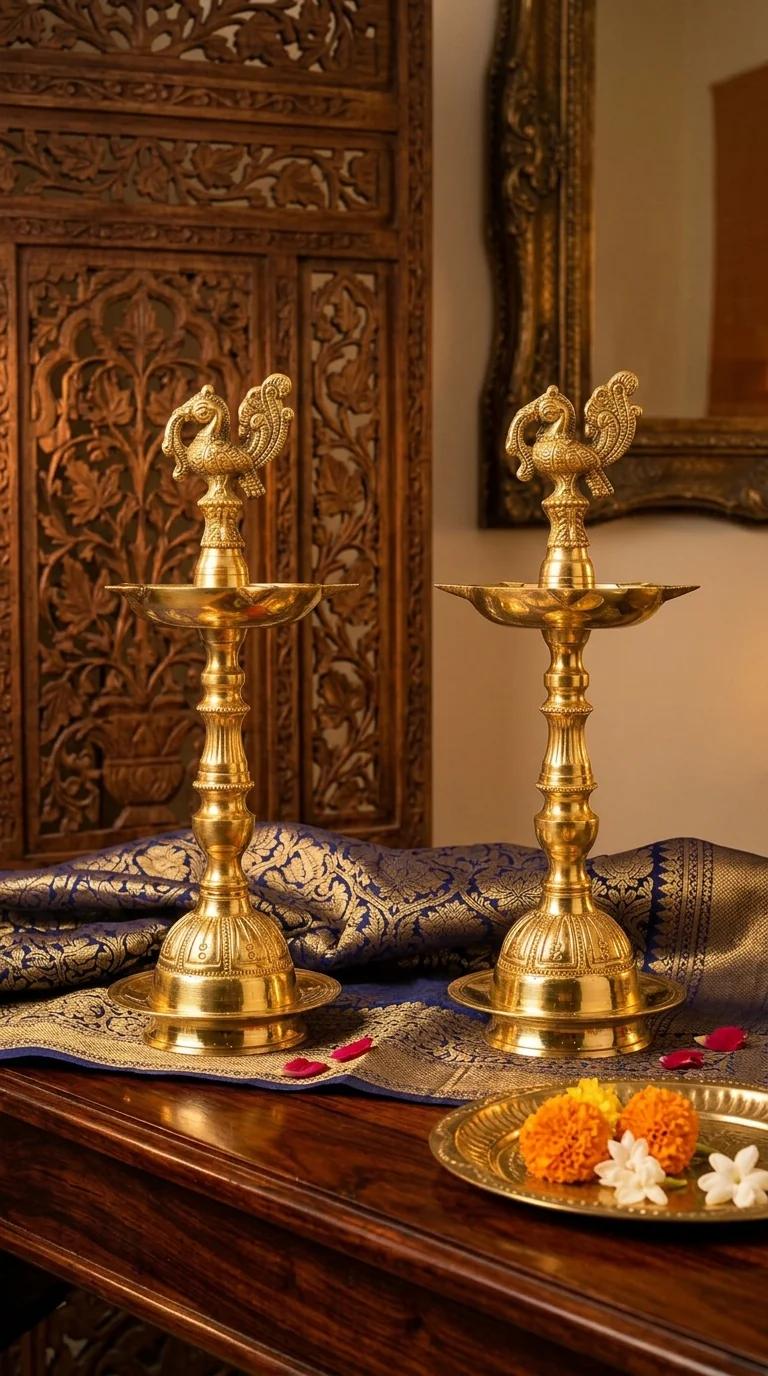 MH Decors Brass Medium Peacock Diyas Set of 2 for Temple and Home Altar Decoration