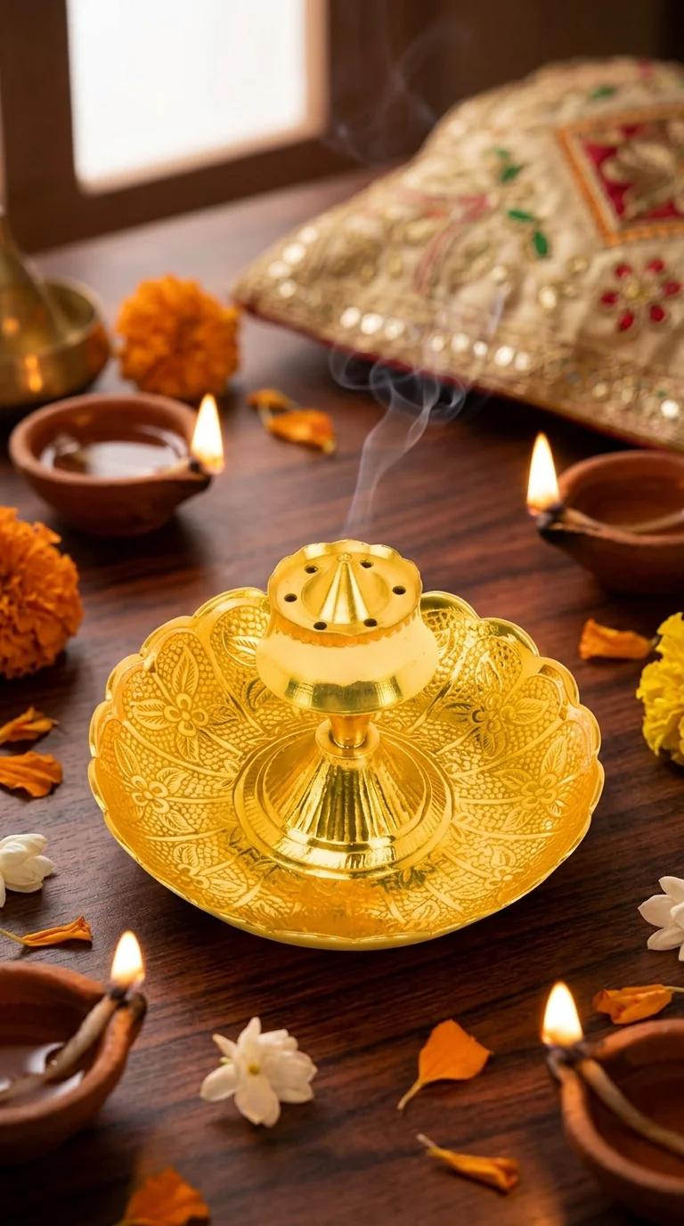MH Decors Elegant Brass Agarbatti Stand with Center Dhoop Holder for Living Room