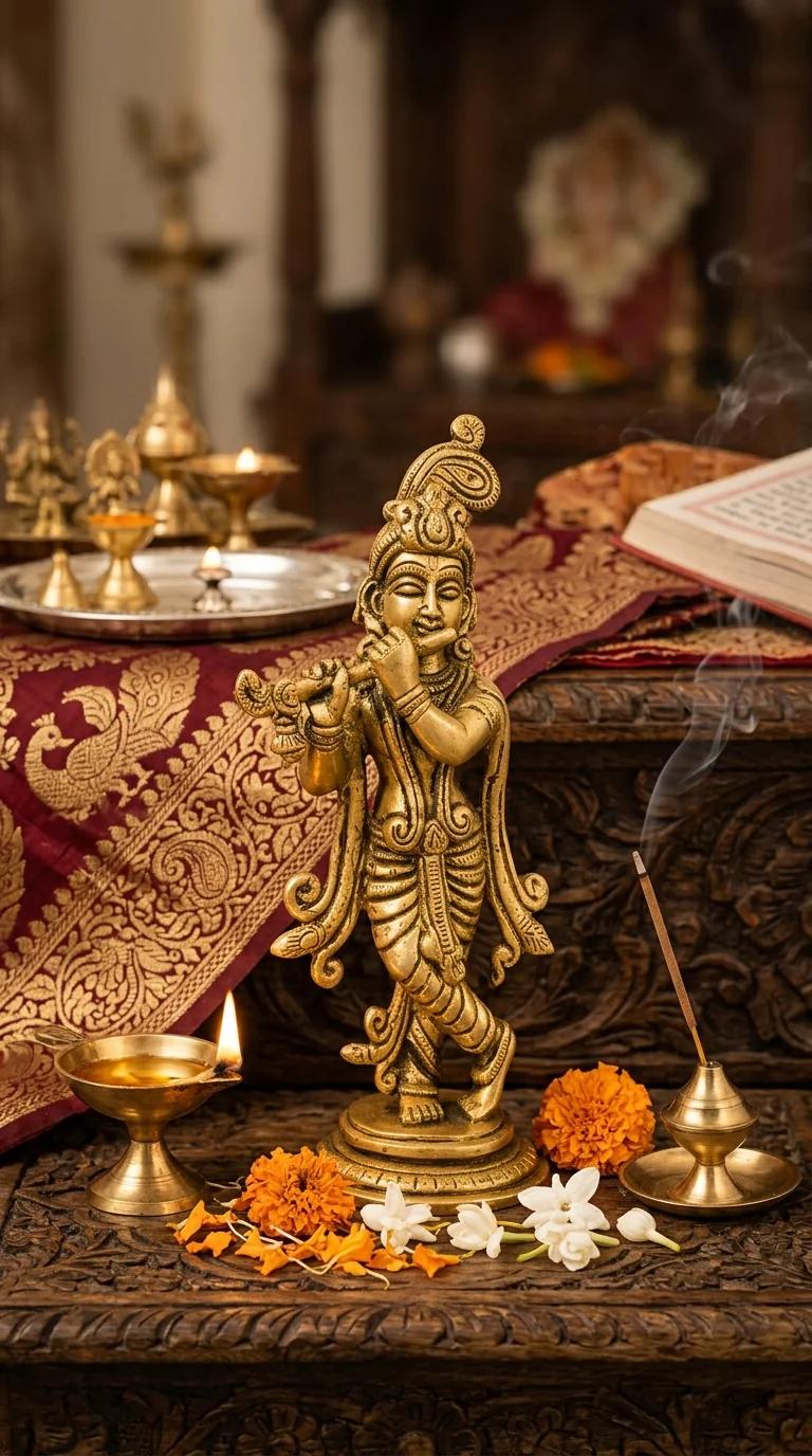 MH Decors Elegant Brass Krishna Idol for Spiritual Home Decoration and Pooja Room