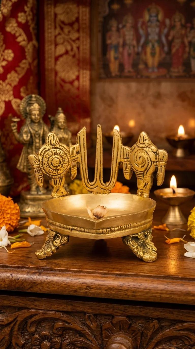 MH Decors Handcrafted Brass Shanku Chakra Namam Oil Lamp for Pooja Room