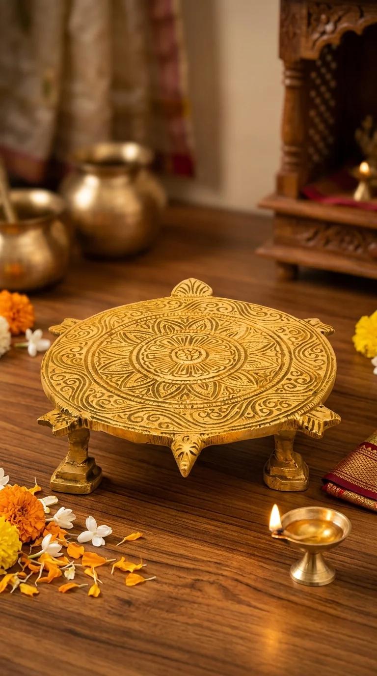 MH Decors Handcrafted Brass Turtle Chowki for Spiritual Home Decor and Pooja
