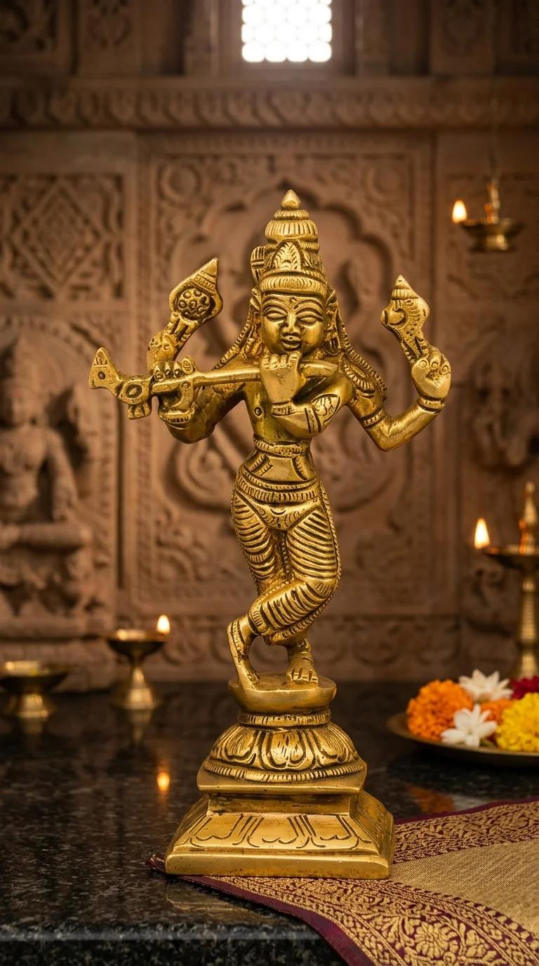 MH Decors Elegant Brass Lord Krishna Statue with Flute for Home Pooja and Temple
