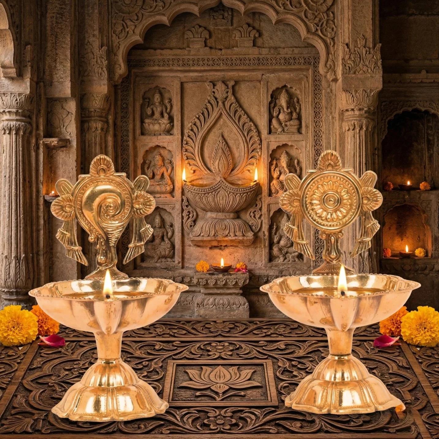 Value Gifts Traditional Brass Shankh Chakra Diya Set for Home Pooja