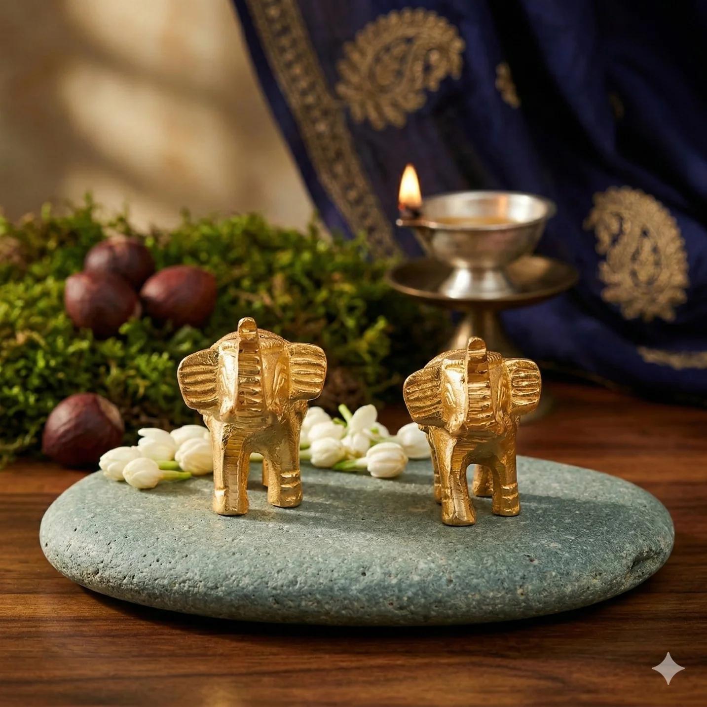 Value Gifts Antique Brass Elephant Show Piece Two Pieces for Living Room Decor