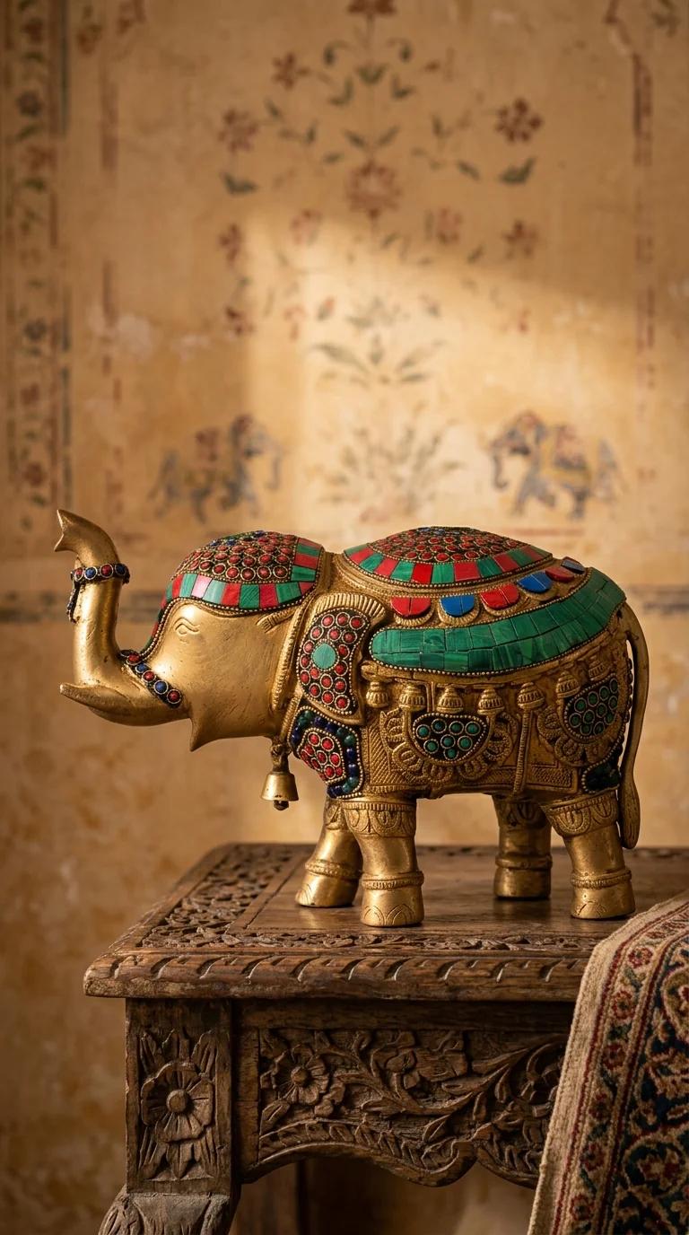 Value Gifts Handcrafted Brass Elephant Figurine with Bell Trunk Up for Home Decor
