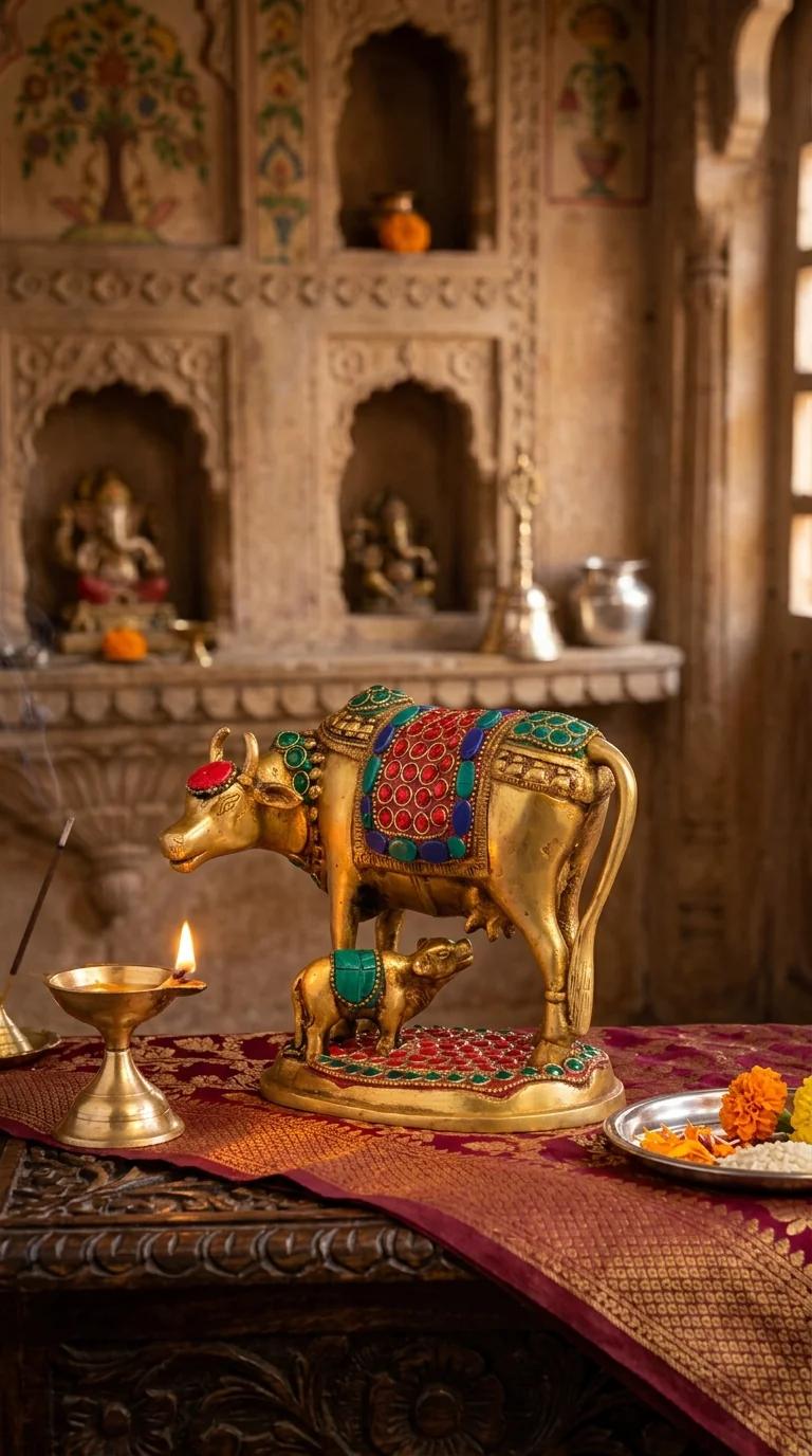 Value Gifts Brass Cow and Calf Idol for Religious Pooja Room and Home Decoration
