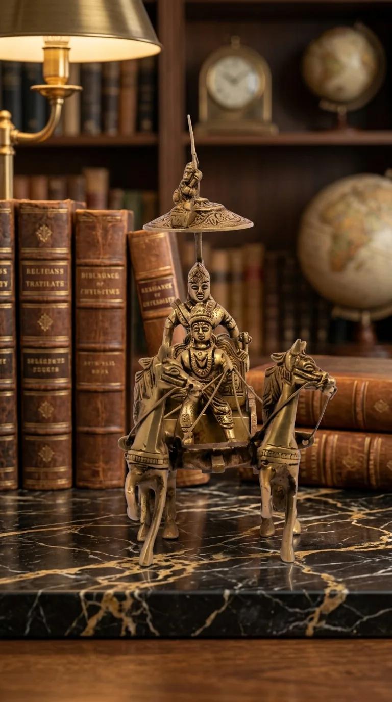 Value Gifts Brass Krishna and Arjuna Statue Horse Cart Scene for Spiritual Home Decoration