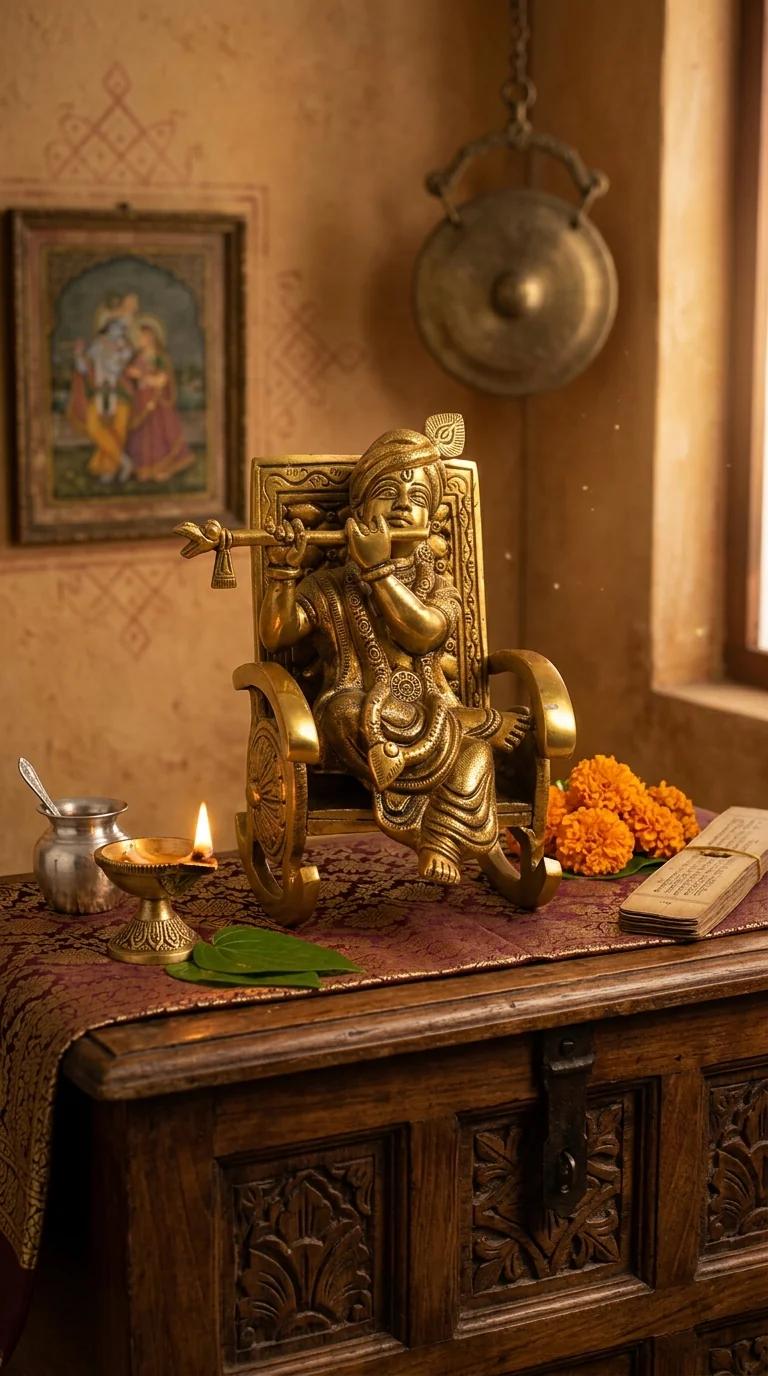 Value Gifts Decorative Brass Krishna Idol Seated on Chair for Temple and Living Room