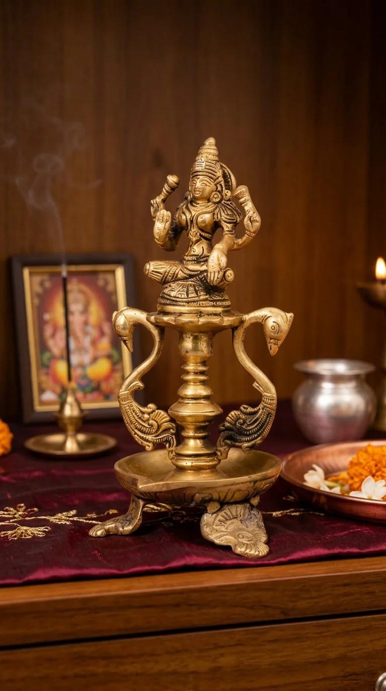 Value Gifts Decorative Brass Lakshmi Diya with Peacock Figurine for Pooja Room