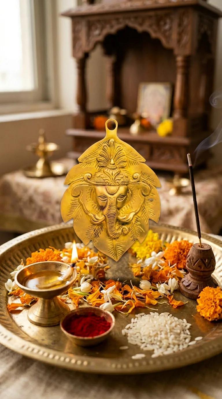 Value Gifts Traditional Brass Leaf Ganesha Wall Hanging for Temple and Home