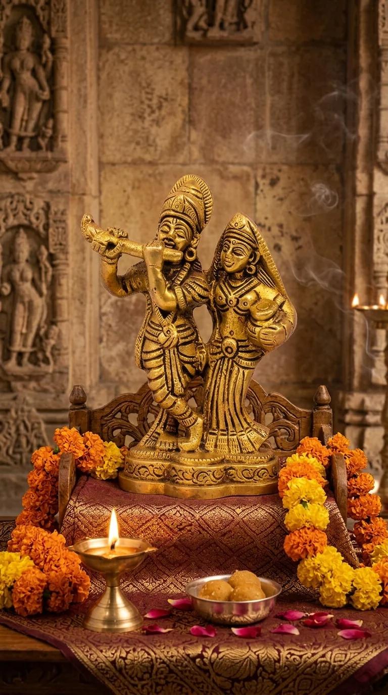 Value Gifts Decorative Brass Radha Krishna Figurine with Flute for Home and Temple