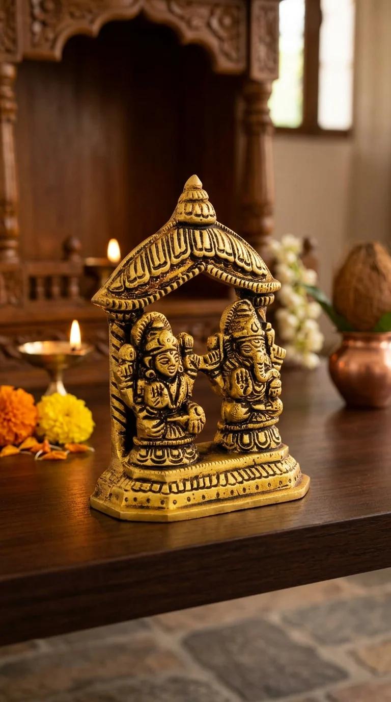 Value Gifts Decorative Brass Lakshmi Ganesha Idol in Temple Design for Home Decor