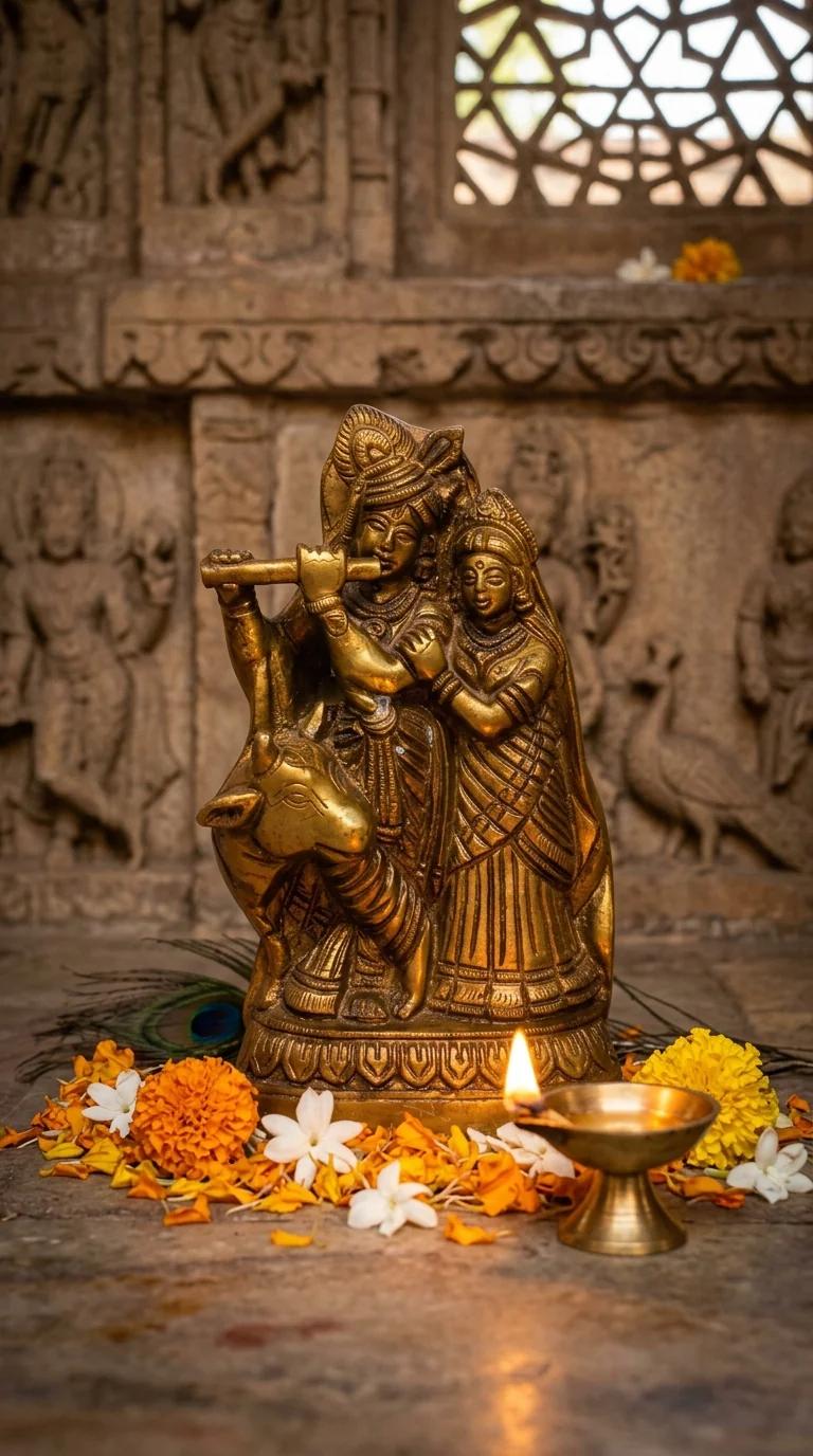 Value Gifts Brass Radha Krishna Cow Idol for Pooja and Home Decoration