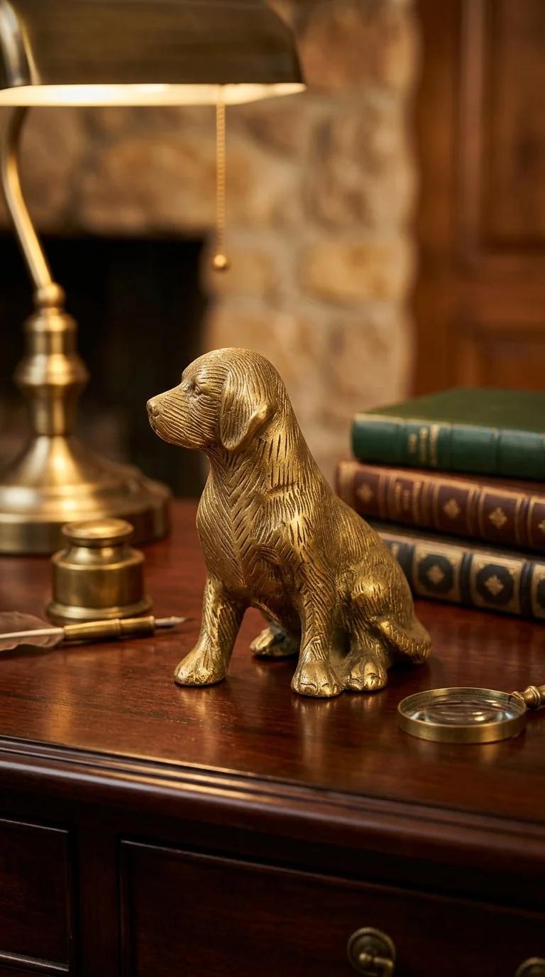 Value Gifts Brass Sitting Puppy Sculpture for Home Desk and Shelf Decor