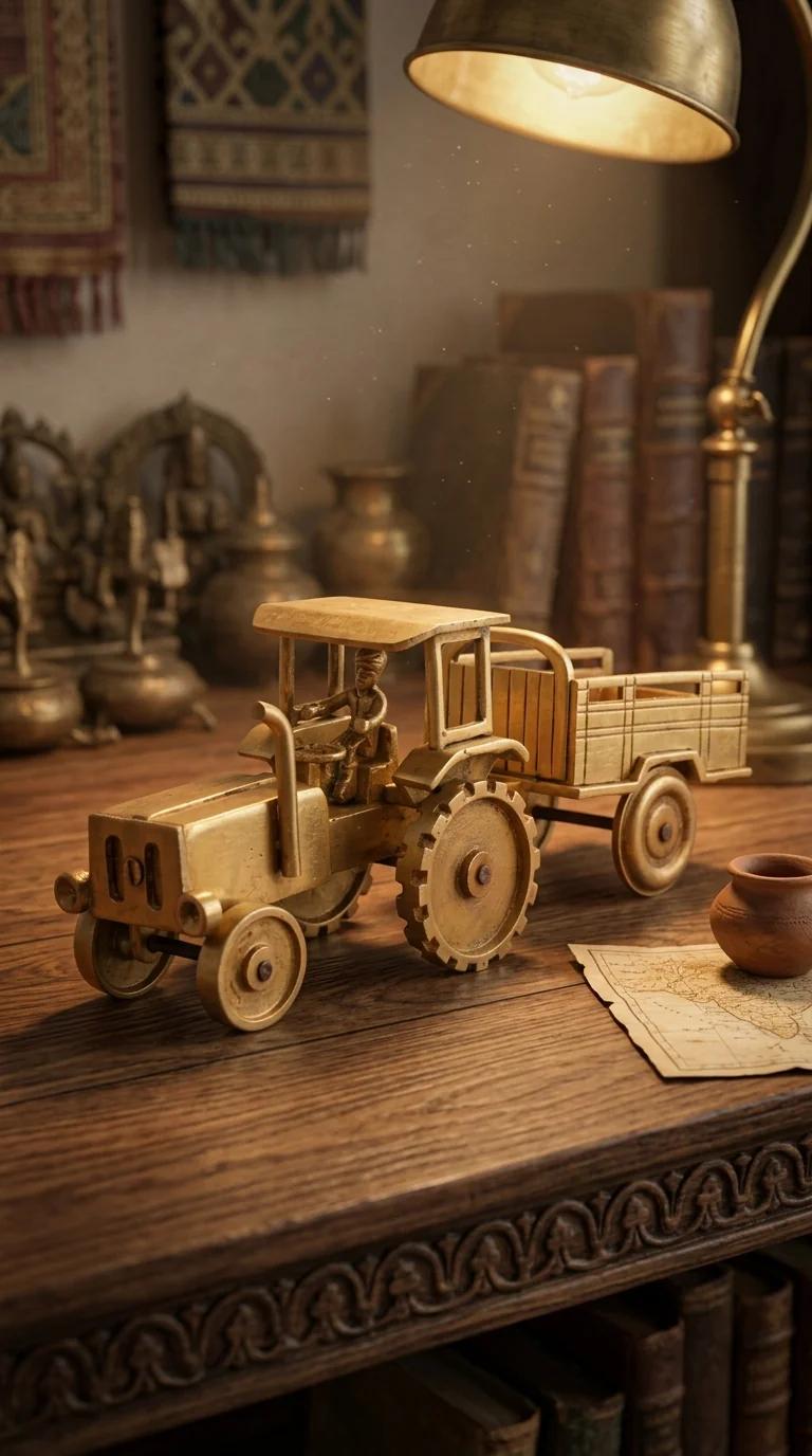 Value Gifts Traditional Brass Classic Tractor Figurine with Carrier for Home and Office