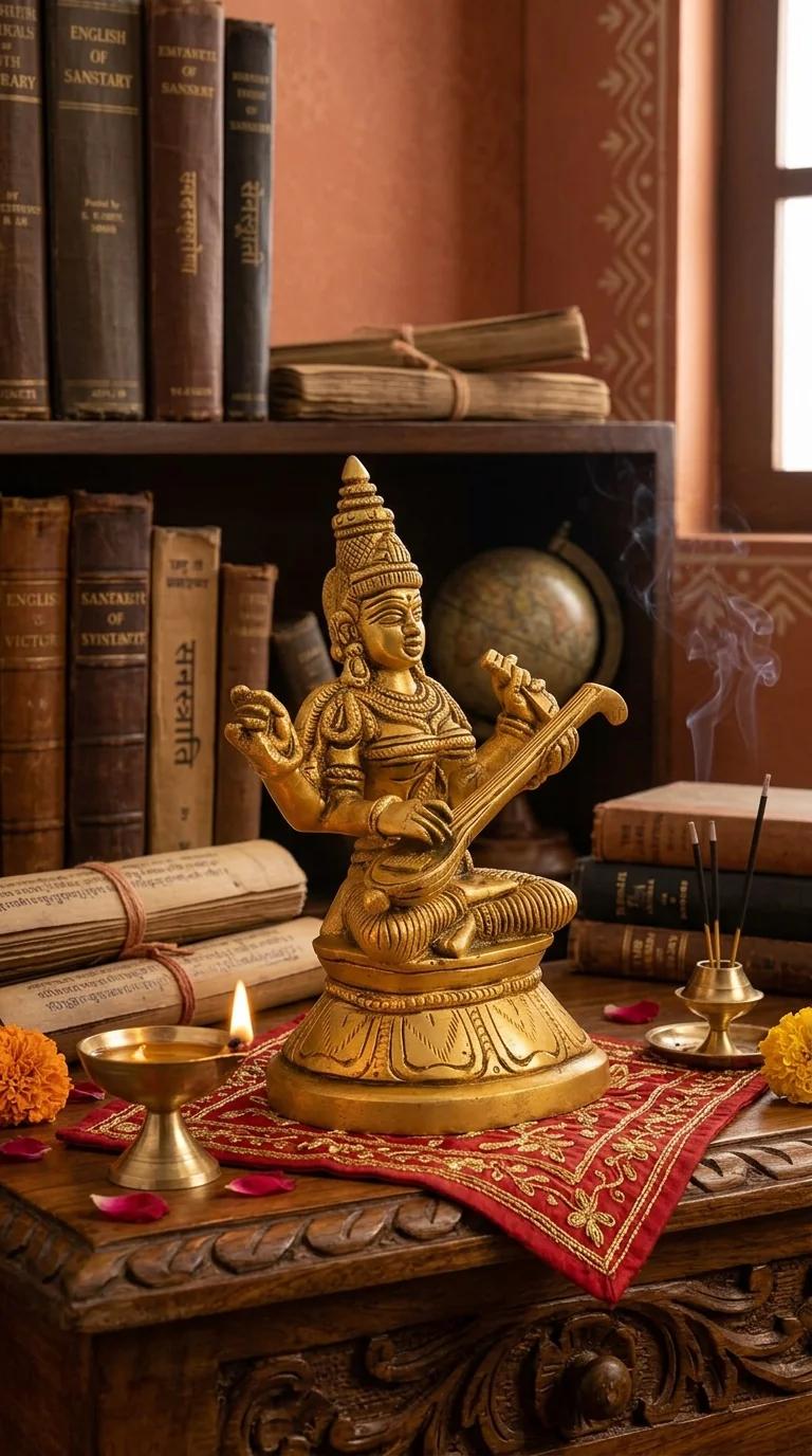 Value Gifts Handcrafted Brass Goddess Saraswati Figurine for Pooja Room and Desk