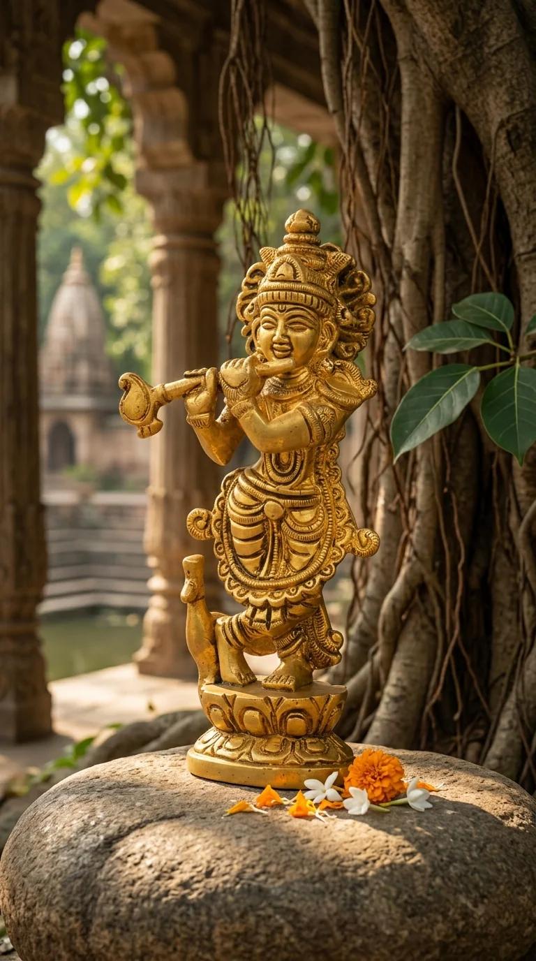 Value Gifts Brass Krishna Idol with Flute for Pooja Room, Table, and Shelf