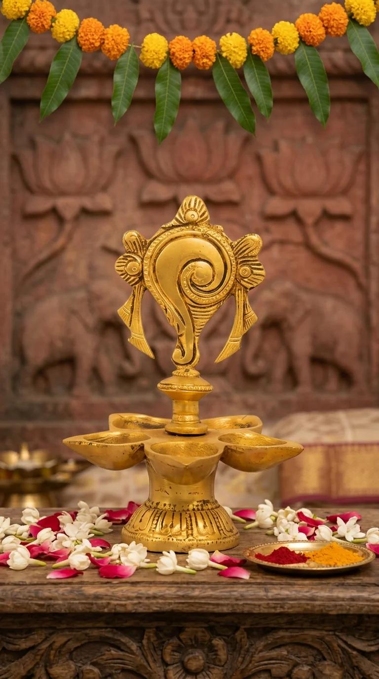 Value Gifts Brass Balaji Shanku Chakra Diya for Living Room and Pooja Room