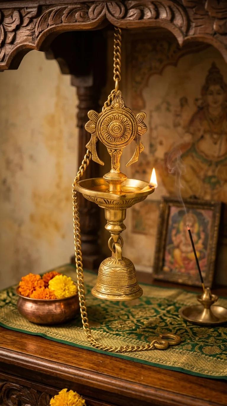 Value Gifts Brass Shanku Chakra Hanging Diya with Bells for Living Room and Pooja