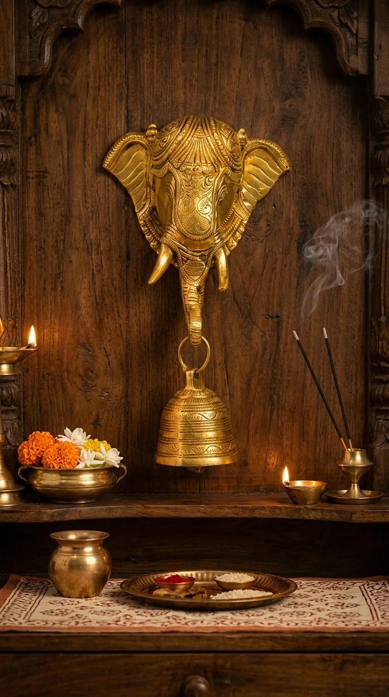 Value Gifts Brass Ganesha Face Hanging with Bell for Entrance, Wall, and Pooja Room