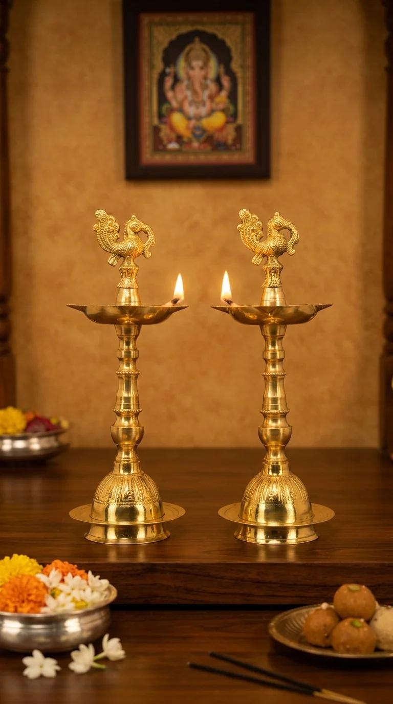 Value Gifts Brass Peacock Diyas Medium Size Set of 2 for Spiritual Home Decor