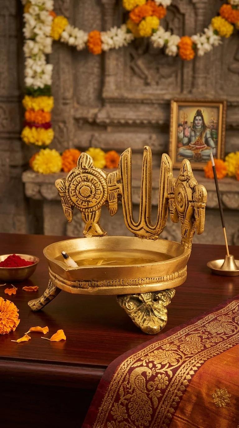 Value Gifts Traditional Brass Shanku Chakra Namam Diya for Home, Temple, and Office Decor