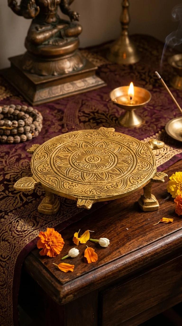 Value Gifts Traditional Brass Carved Turtle Chowki for Spiritual Home Decoration