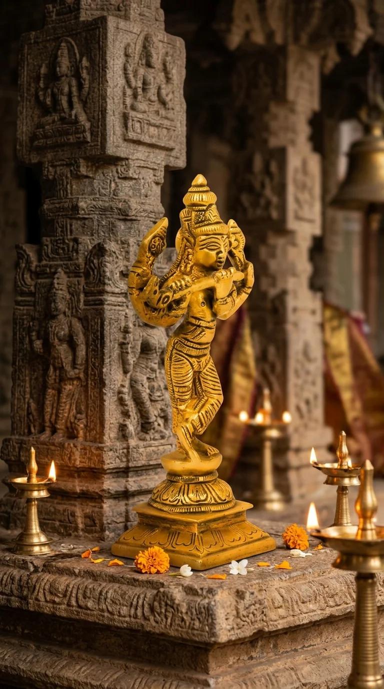 Value Gifts Brass Krishna Statue with Flute for Tabletop and Spiritual Home Decor