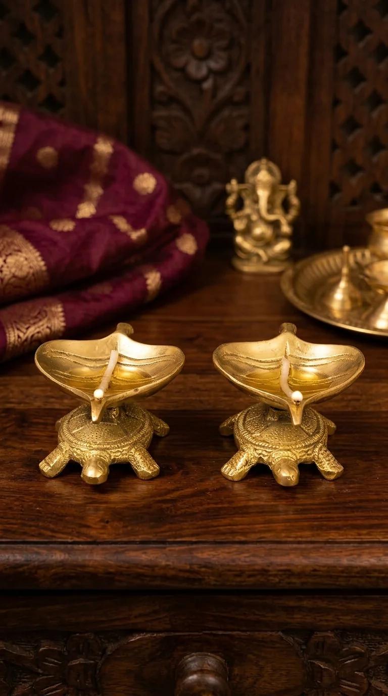 Value Gifts Brass Tortoise Leaf Diyas Set of 2 for Pooja Room and Living Room Decor