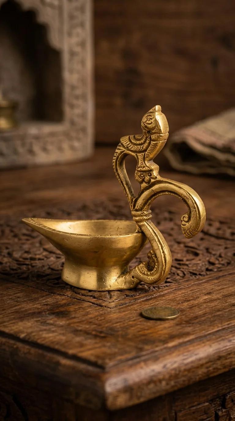 Value Gifts Brass Peacock Handle Diya for Center Table and Spiritual Home Decor