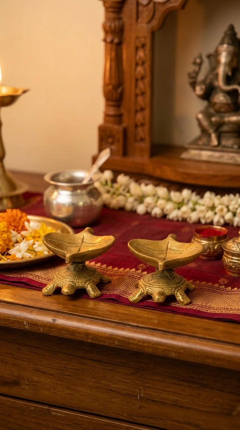 MH Decors Brass Tortoise Leaf Diyas Set of 2 for Temple and Tabletop Display