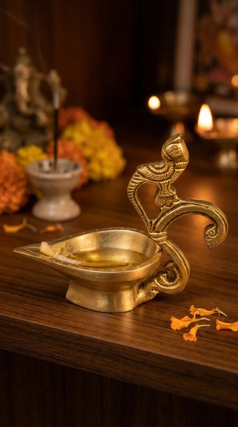 MH Decors Elegant Brass Peacock Handle Oil Lamp for Home Pooja and Temple Decor