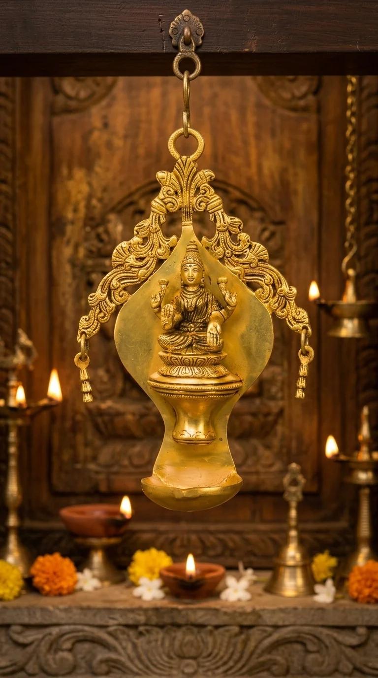 MH Decors Elegant Brass Goddess Lakshmi Hanging Diya for Home Altar and Temple