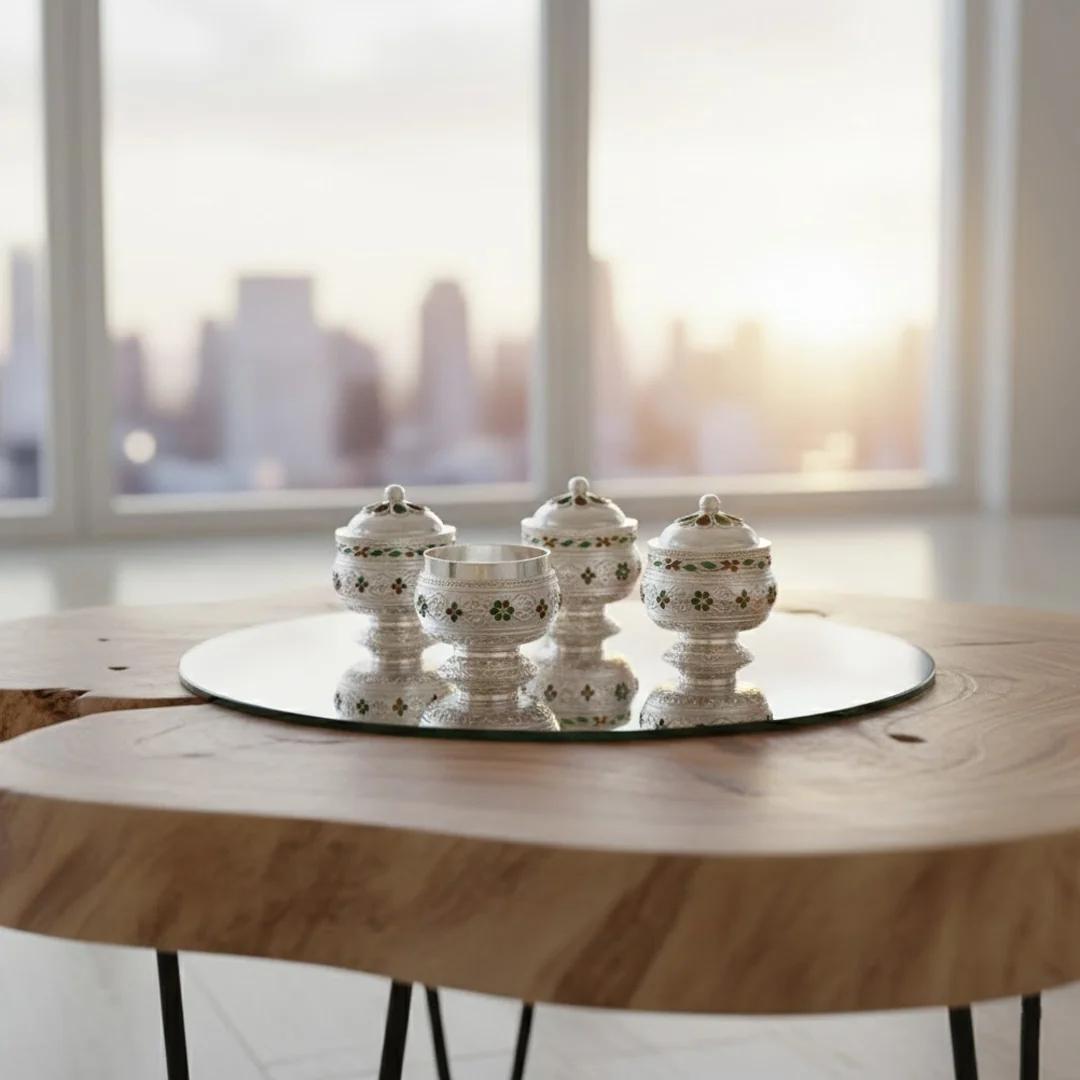 VPH Gift Store German Silver Kumkuma Containers Set of 10 for Mandir and Home Decor