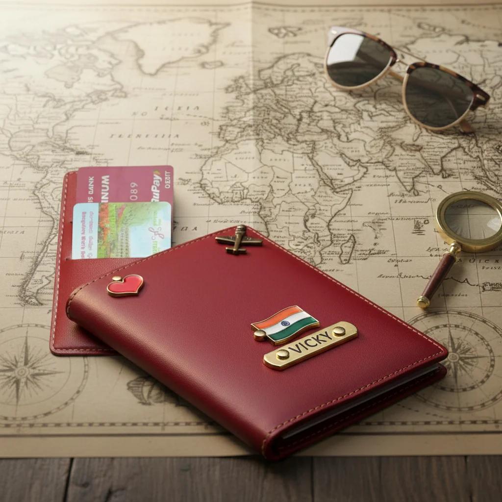 Personalized Passport Holder with Name Tag and Triple Metal Charms