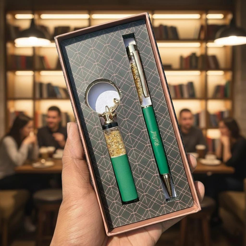 Zpics Gold Flake Pen and Keychain Combo Gift Set