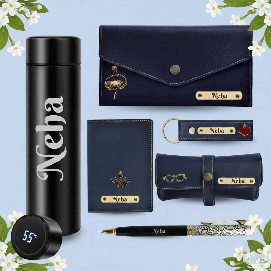 MH Decors Personalized Blue Leather Gift Set for Women – Wallet, Passport Cover & More