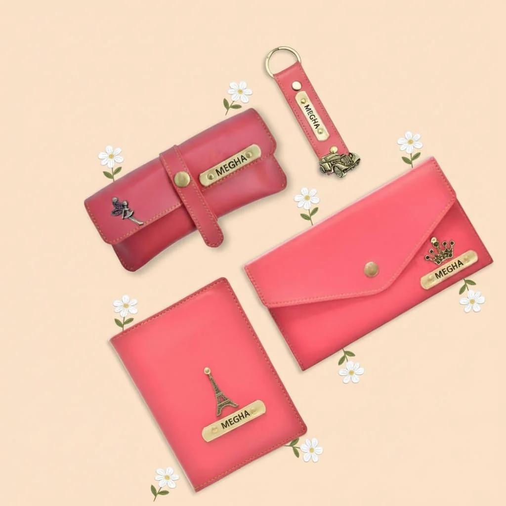 MH Decors Personalized Pink Gift Combo for Her – Wallet, Passport Cover & Accessories
