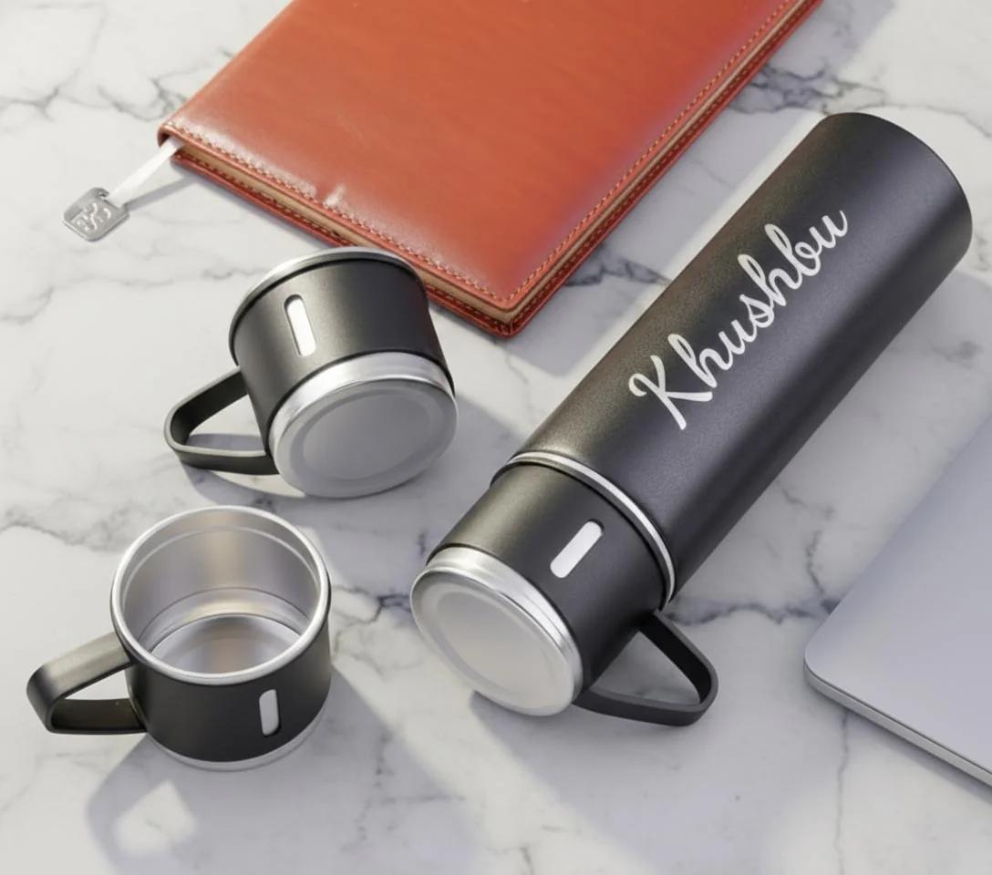 Custom Engraved Flask Gift Set with Two Cups Vacuum Insulated Bottle