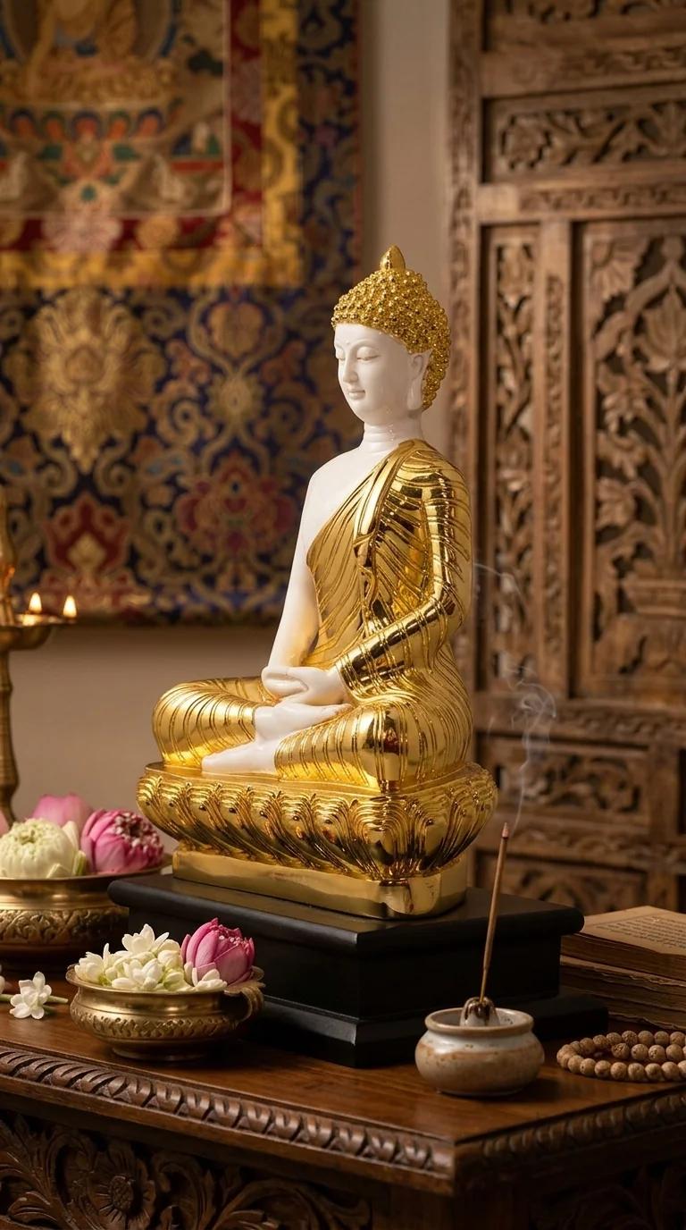 Value Gifts White Gold Buddha Statue in Polystone Perfect Spiritual Home Décor