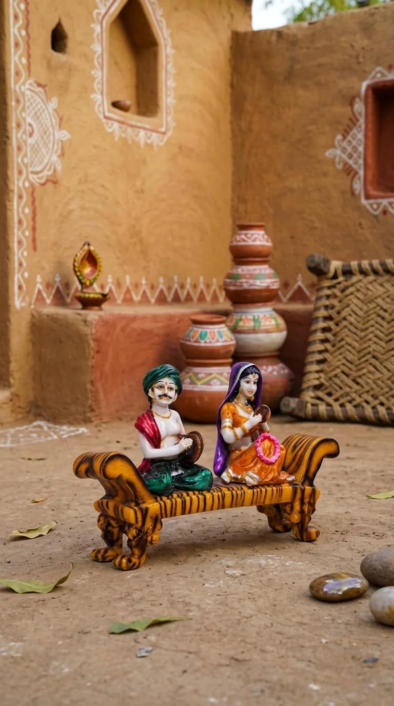 Value Gifts Rajasthani Musician Couple Sitting on Cot Decorative Statue for Living Room