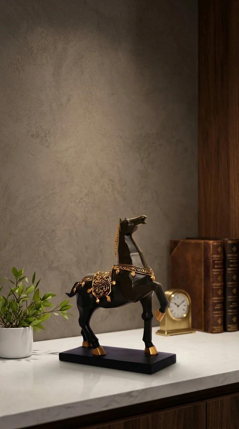 Value Gifts Black and Gold Polyresin Horse Decorative Statue for Home and Office
