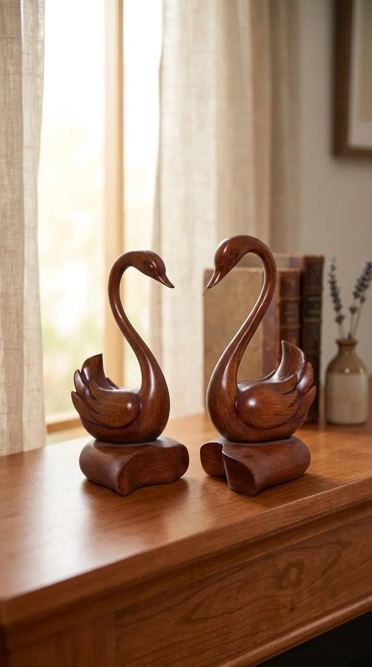 Value Gifts Elegant Wooden Swan Pair Figurine for Desk or Living Room