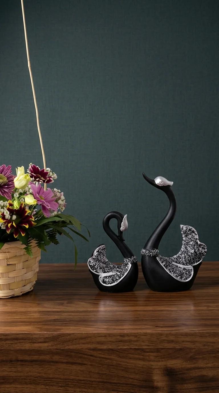 Value Gifts Black and Silver Swan Pair Figurine Decorative Ornament for Home and Office