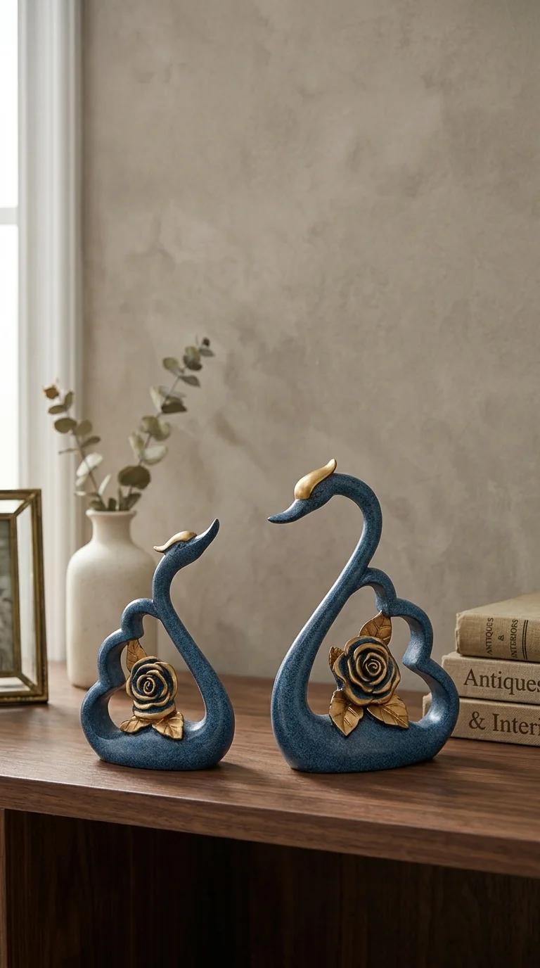 Value Gifts Elegant Swan Pair Blue and Gold Figurine for Living Room Decor