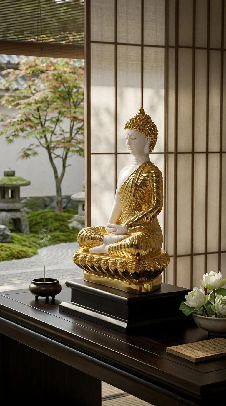 MH Decors Handcrafted Gautam Buddha White Gold Statue for Home and Office Decoration