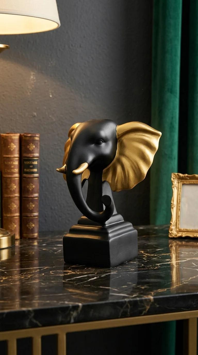 MH Decors Premium Elephant Head Figurine with Black Gold Ears for Home and Gift