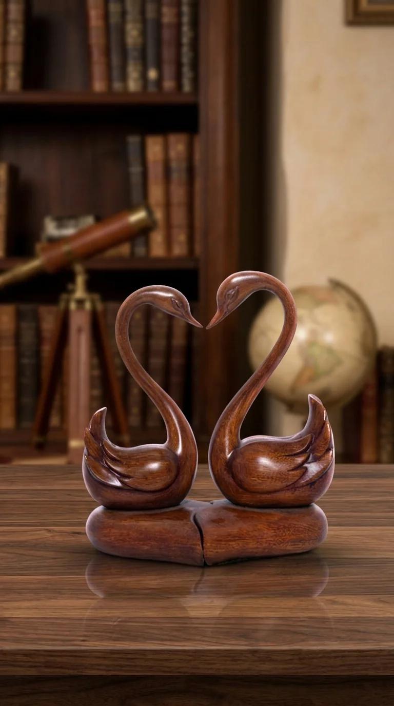 MH Decors Elegant Wooden Swan Pair Showpiece for Tabletop and Living Room Decor