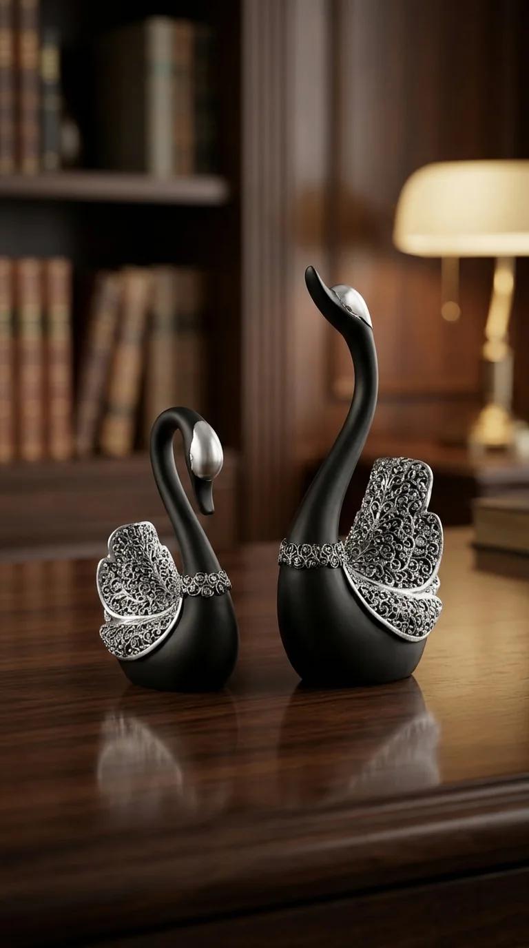 MH Decors Premium Swan Pair Black Silver Showpiece for Home Living Room and Office Decor